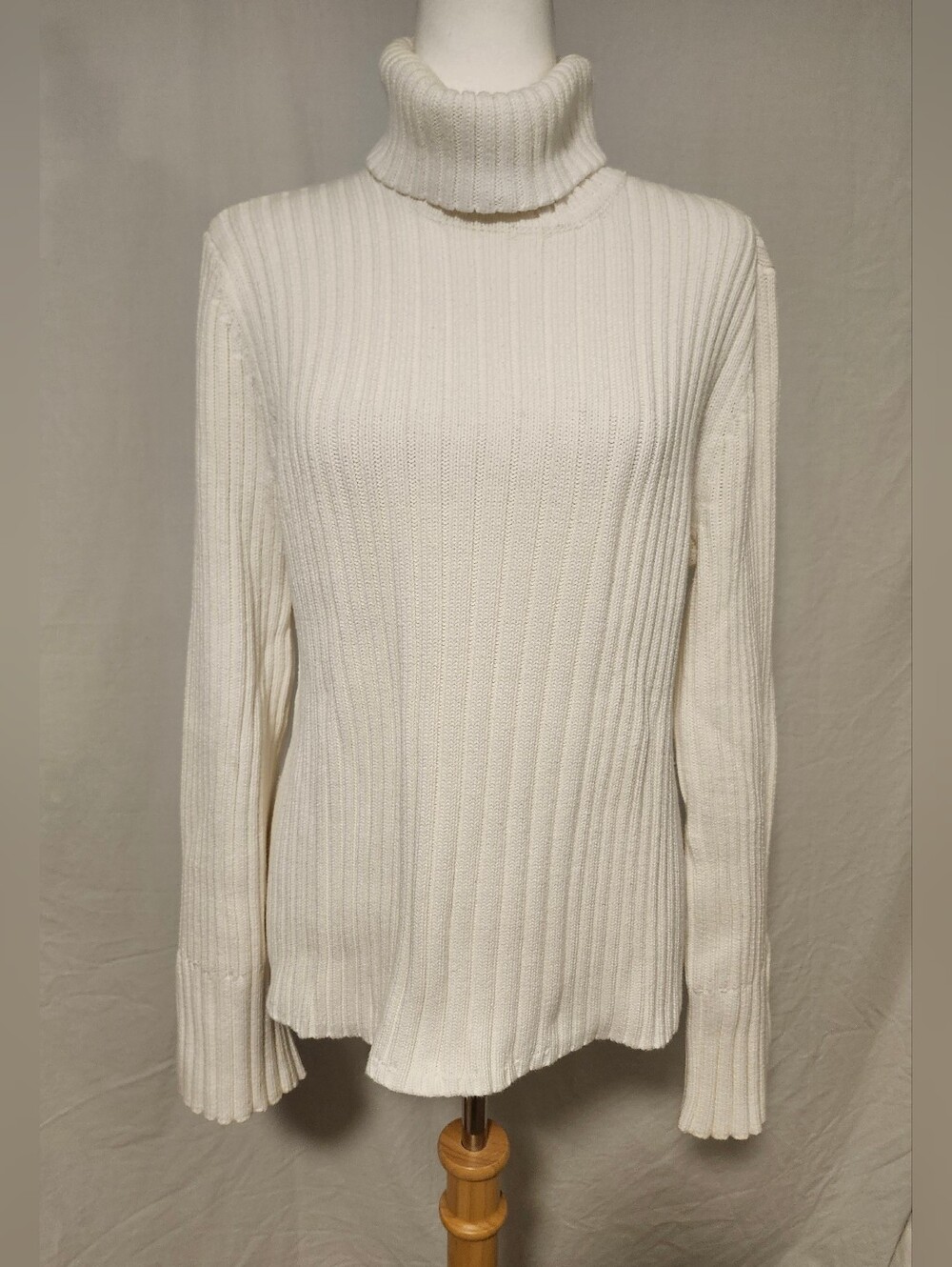 Calvin Klein Cream Ribbed Turtleneck Sweater - 100% Cotton Cozy Knit